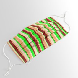 [ Thumbnail: Brown, Bisque, Lime & Maroon Colored Pattern of Stripes Face Mask ]