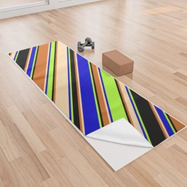 [ Thumbnail: Colorful Light Green, Blue, Tan, Chocolate & Black Colored Lines/Stripes Pattern Yoga Towel ]