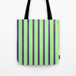 [ Thumbnail: Green, Yellow, Dark Slate Blue & Beige Colored Stripes/Lines Pattern Tote Bag ]