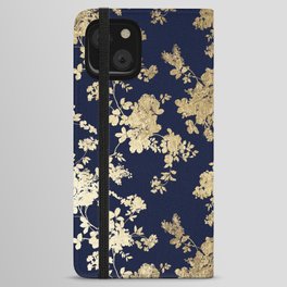 Elegant vintage navy blue faux gold flowers iPhone Wallet Case