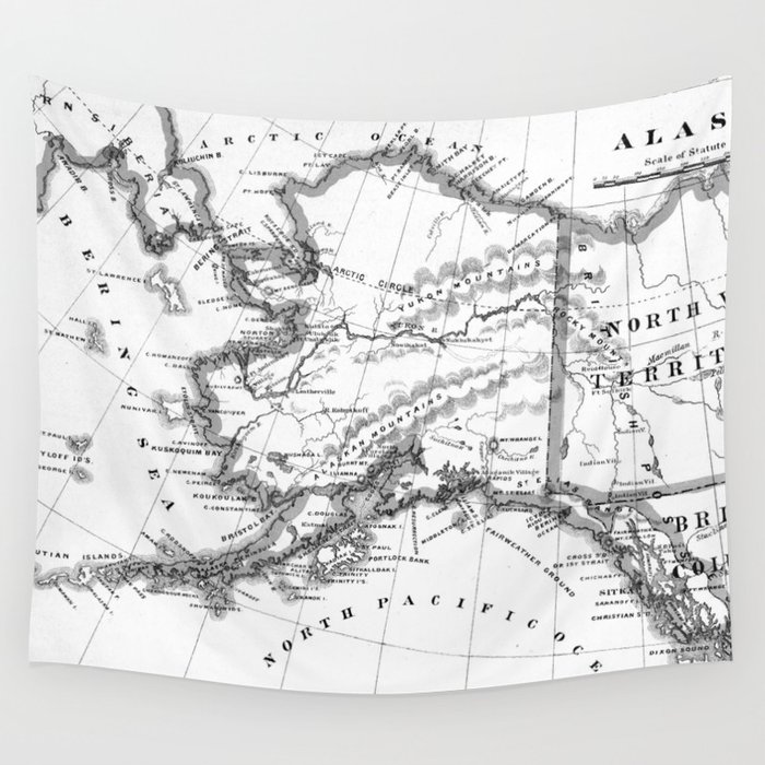 Vintage Map of Alaska (1883) BW Wall Tapestry by BravuraMedia  Society6