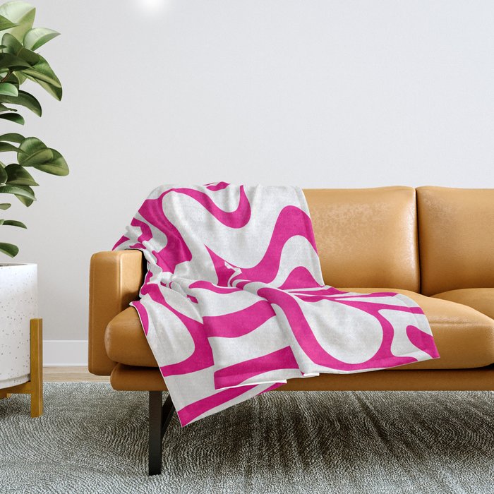 Retro Liquid Swirl Abstract Pattern in Y2K Hot Pink and White Throw Blanket  by Kierkegaard Design Studio