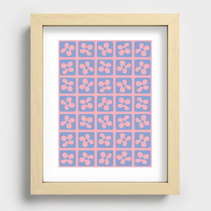 Retro Flowers Pattern - Blue Pink Recessed Framed Print