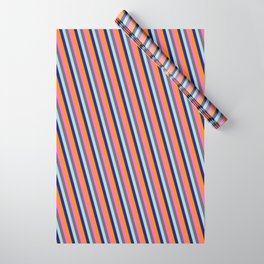 [ Thumbnail: Orange, Pink, Grey, Blue Colored Stripes Pattern Wrapping Paper ]