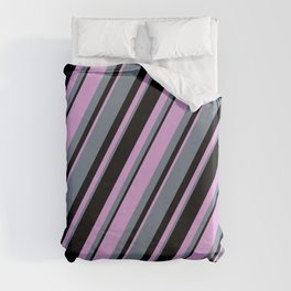 [ Thumbnail: Plum, Slate Gray, and Black Colored Lines Pattern Duvet Cover ]