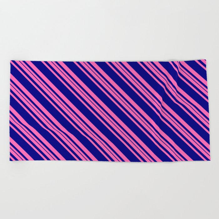Hot Pink and Blue Colored Striped Pattern Beach Towel
