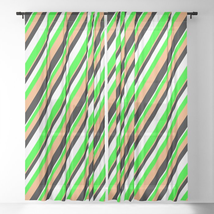 Brown, Black, White & Lime Colored Lined/Striped Pattern Sheer Curtain
