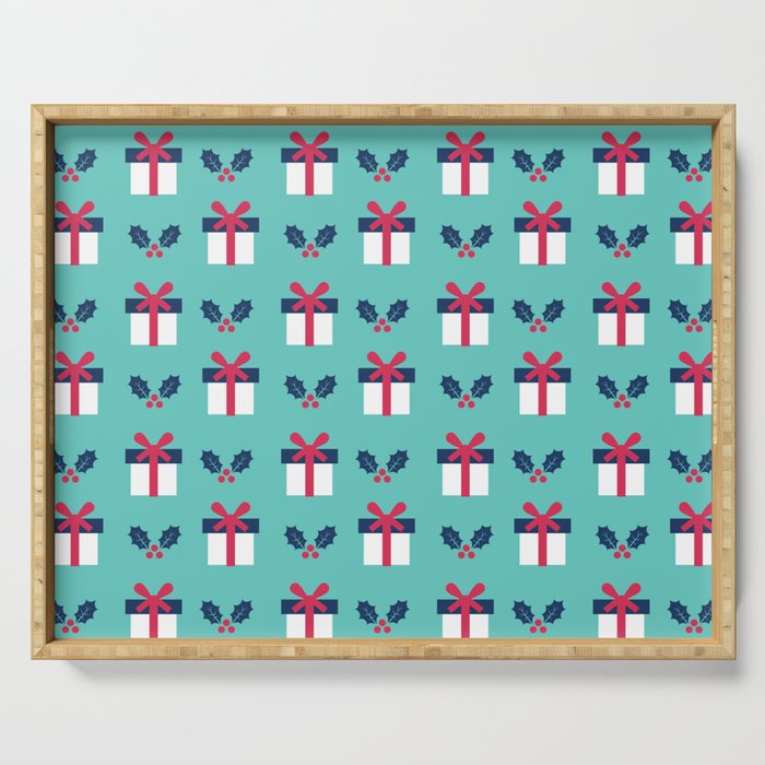 Christmas Pattern Turquoise Gifts Holly Serving Tray