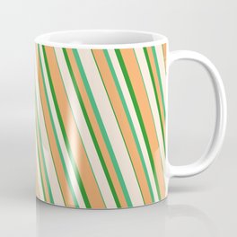 [ Thumbnail: Beige, Sea Green, Brown, and Forest Green Colored Striped/Lined Pattern Coffee Mug ]