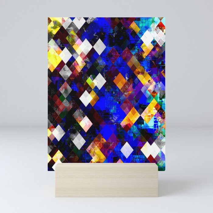 geometric pixel square pattern abstract background in blue yellow Mini Art Print