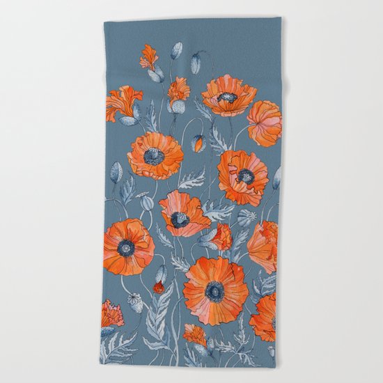 Red poppies in grey Beach Towel