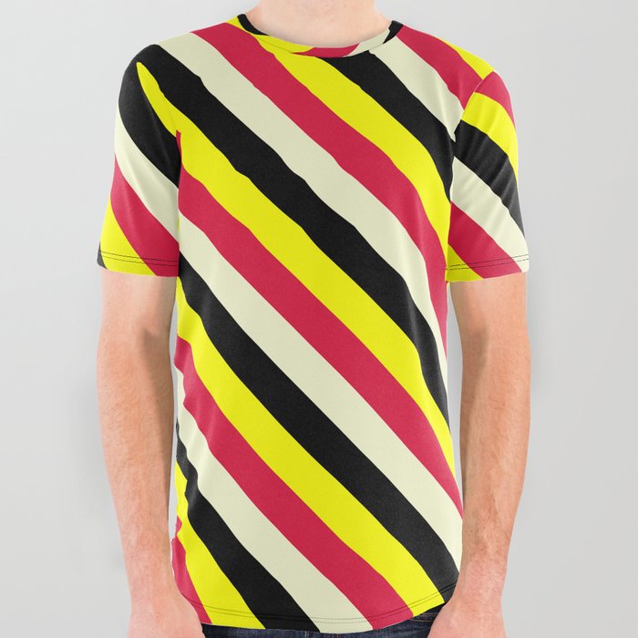Yellow, Crimson, Light Yellow & Black Colored Stripes/Lines Pattern All Over Graphic Tee