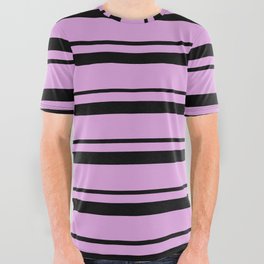 [ Thumbnail: Black and Plum Colored Lined/Striped Pattern All Over Graphic Tee ]