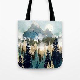 Misty Pines Tote Bag | Mist, Blue, Contemporary, Trees, Digital, Boho, Nature, Wilderness, Landscape, Abstract 