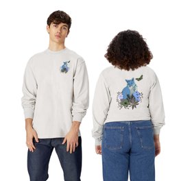 Cute blue fox, butterfly and flowers Long Sleeve T Shirt