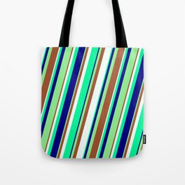 [ Thumbnail: Eye-catching Light Green, Sienna, Mint Cream, Green, and Blue Colored Stripes/Lines Pattern Tote Bag ]
