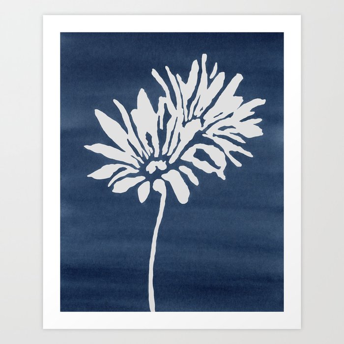 Silhouette Stems I - Navy Blue Botanical, White Flower Stem, Indigo Watercolor, Nature Painting Art Print Wall Décor Art Print