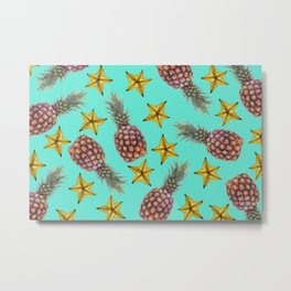 Starfruits - Pineapple pattern - turquoise background Metal Print