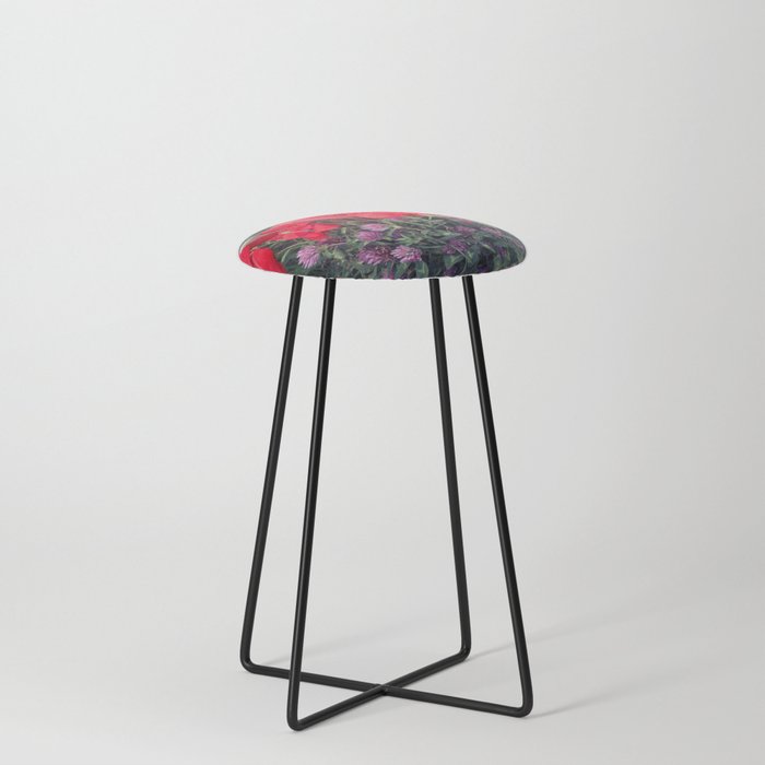 Summer red poppies and clover bloquet in woman's hand field essence Counter Stool