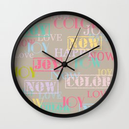 Enjoy The Colors - Colorful typography modern abstract pattern on taupe background Wall Clock