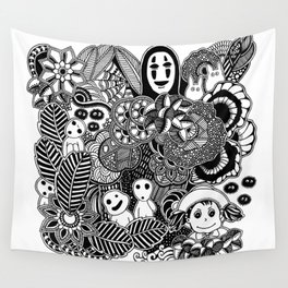 Ghibli  inspired black and white doodle art Wall Tapestry