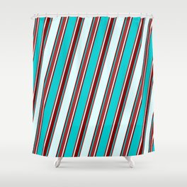 [ Thumbnail: Dark Turquoise, Brown, Light Cyan, and Maroon Colored Lined/Striped Pattern Shower Curtain ]