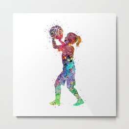 Girl Basketball Player Colorful Watercolor Sports Art Kid Basketball Metal Print