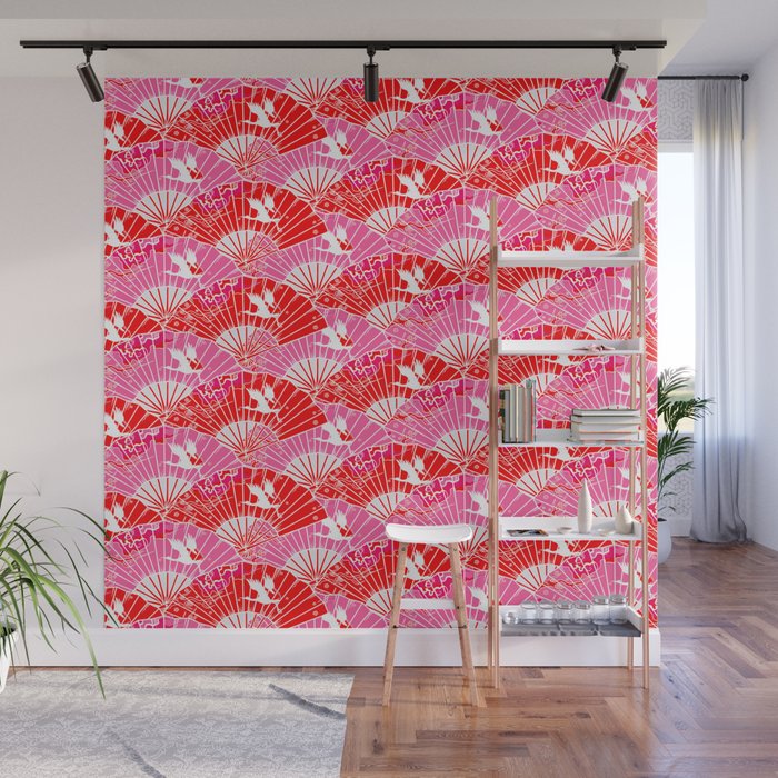 Preppy Room Decor - Pink Red Chinoiserie Fans Pattern Wall Mural