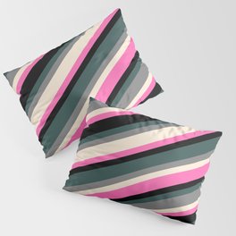 [ Thumbnail: Eye-catching Dark Slate Gray, Grey, Beige, Hot Pink, and Black Colored Lined/Striped Pattern Pillow Sham ]
