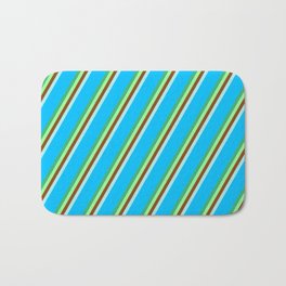 [ Thumbnail: Eyecatching Sea Green, Green, Brown, Turquoise, and Deep Sky Blue Colored Lined Pattern Bath Mat ]