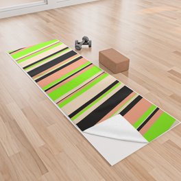 [ Thumbnail: Light Salmon, Black, Bisque & Chartreuse Colored Striped/Lined Pattern Yoga Towel ]