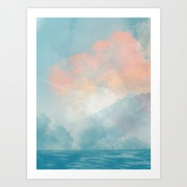 Pink Cloud Seascape Art Print | Turquoise, Blue, Sea, Water, Pinkclouds, Calm, Travel, Seascape, Coastal, Watercolor 