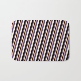 [ Thumbnail: Brown, Dark Slate Blue, Beige & Black Colored Striped Pattern Bath Mat ]