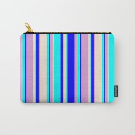 [ Thumbnail: Aqua, Beige, Plum & Blue Colored Lined Pattern Carry-All Pouch ]