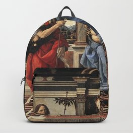 Andrea del Verrocchio - Madonna with Sts John the Baptist and Donatus Backpack | Old, Decor, Mother, Mary, Painting, Illustration, Religiouspainting, Boy, Childjesus, Wallart 