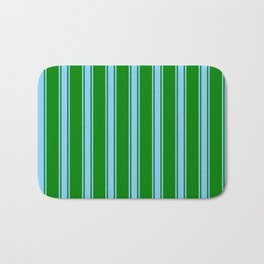 [ Thumbnail: Green and Light Sky Blue Colored Striped Pattern Bath Mat ]