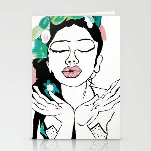 Kisses: a pretty, minimal, portrait illustration in black and white with a hint of color Stationery Cards