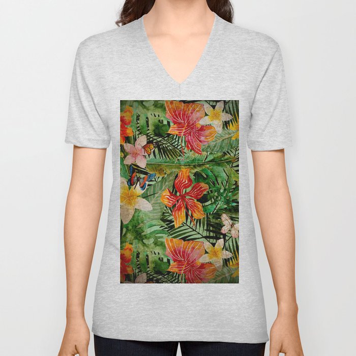 Tropical Vintage Exotic Jungle Flower Flowers - Floral watercolor pattern V Neck T Shirt