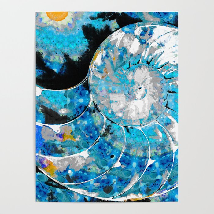 Blue Beachy Art - Nautilus Shell Rising Poster