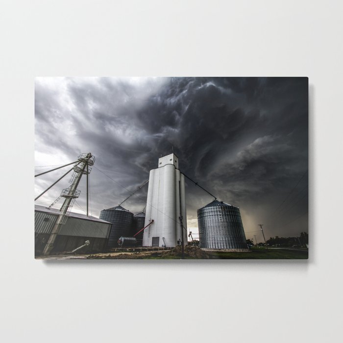 Skyscraper - Storm Over Grain Elevator in Kansas Town Metal Print