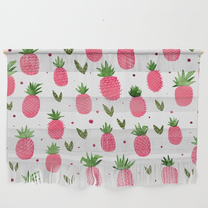 Watercolor pineapples - pink and green glitter Wall Hanging