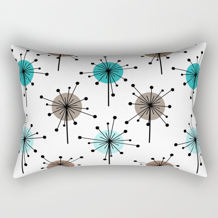 Midcentury Sputnik Starburst Flowers Turquoise Brown Rectangular Pillow