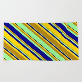 [ Thumbnail: Yellow, Dark Goldenrod, Green & Dark Blue Colored Lined/Striped Pattern Beach Towel ]