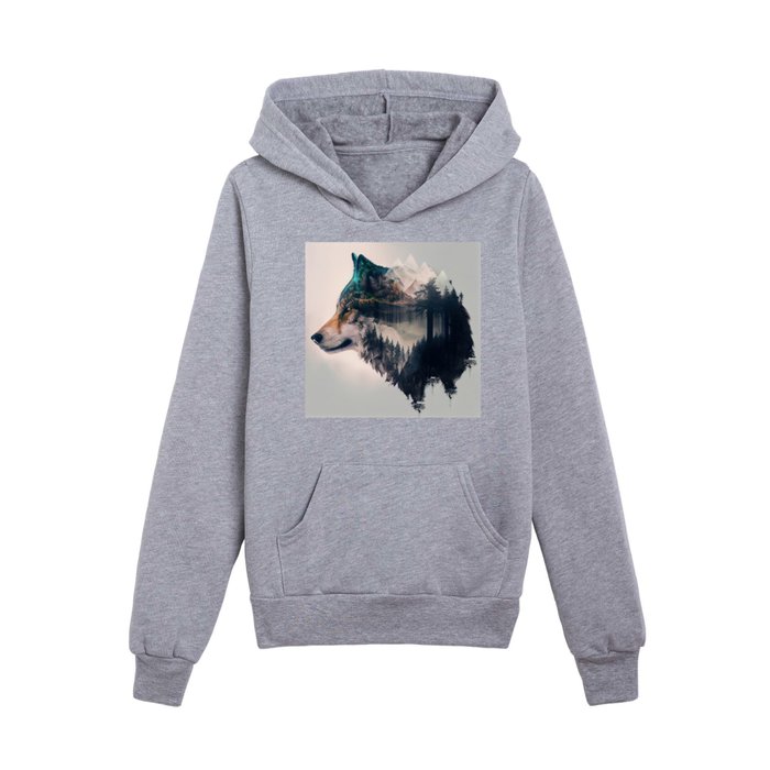 Wolf & Forest Double Exposure Kids Pullover Hoodie