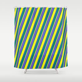 [ Thumbnail: Teal, Yellow, and Slate Blue Colored Lined/Striped Pattern Shower Curtain ]
