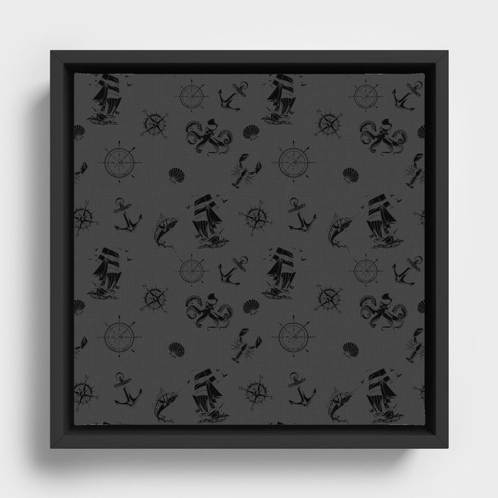 Dark Grey And Black Silhouettes Of Vintage Nautical Pattern Framed Canvas