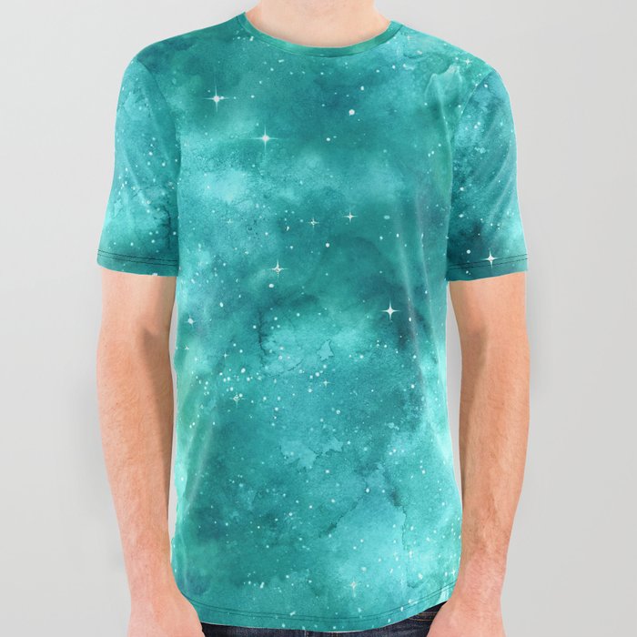 Teal Galaxy Painting All Over Graphic Tee