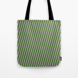 [ Thumbnail: Eye-catching Tan, Dark Grey, Midnight Blue, Chartreuse, and Black Colored Stripes/Lines Pattern Tote Bag ]