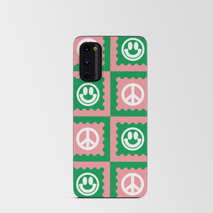 Funky Checkered Smileys and Peace Symbol Pattern (Pink, Green, White) Android Card Case