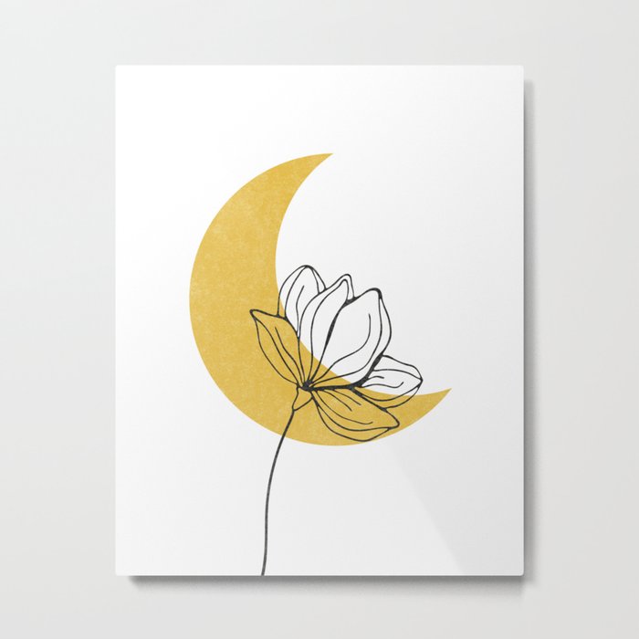 Yellow moon and floral art. Modern boho botanical line art.  Metal Print